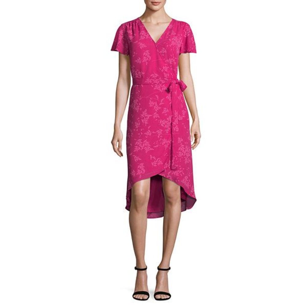 Worthington Pink Floral Flutter Sleeve Flowy Hi Low Wrap Dress Womens XXL NWT